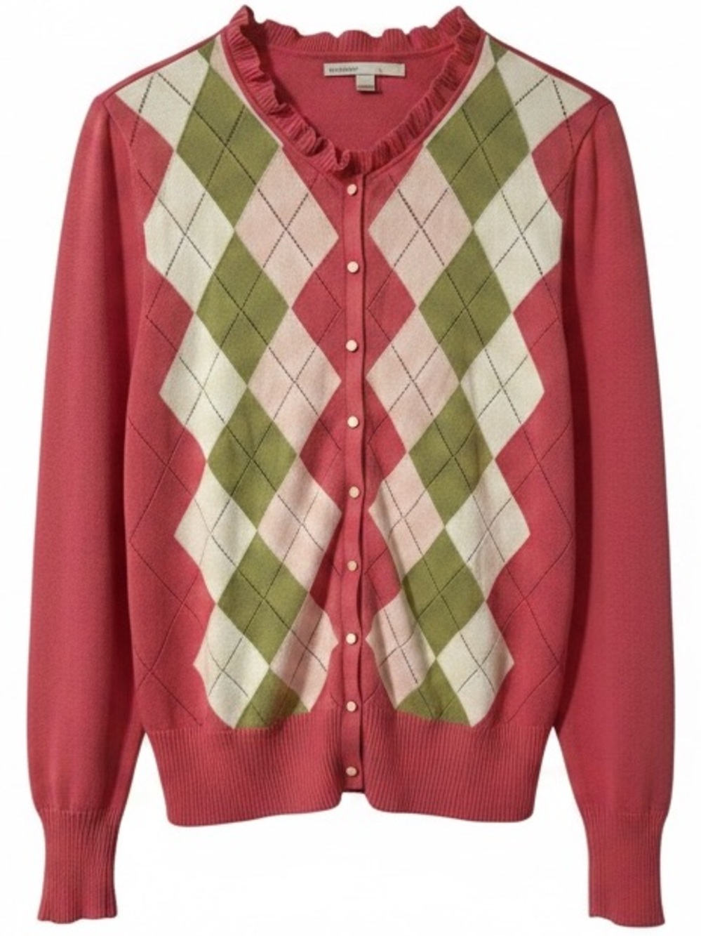 Old Navy Pink Green Argyle Button Cardigan Preppy Golf Cottagecore Ruffle Collar